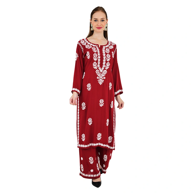Female model in maroon embroidered ethnic suit - ecommerce model photography by Lohar Studio Delhi